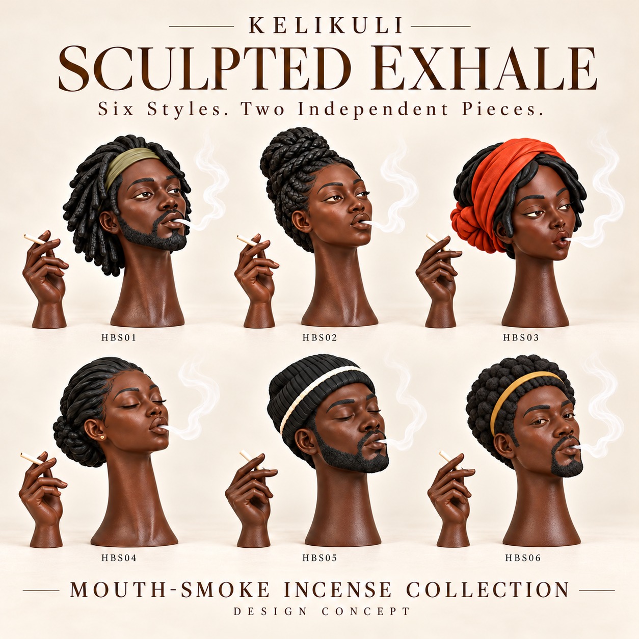 Sculpted Exhale – 6 Separate Head and Hand Incense Sets