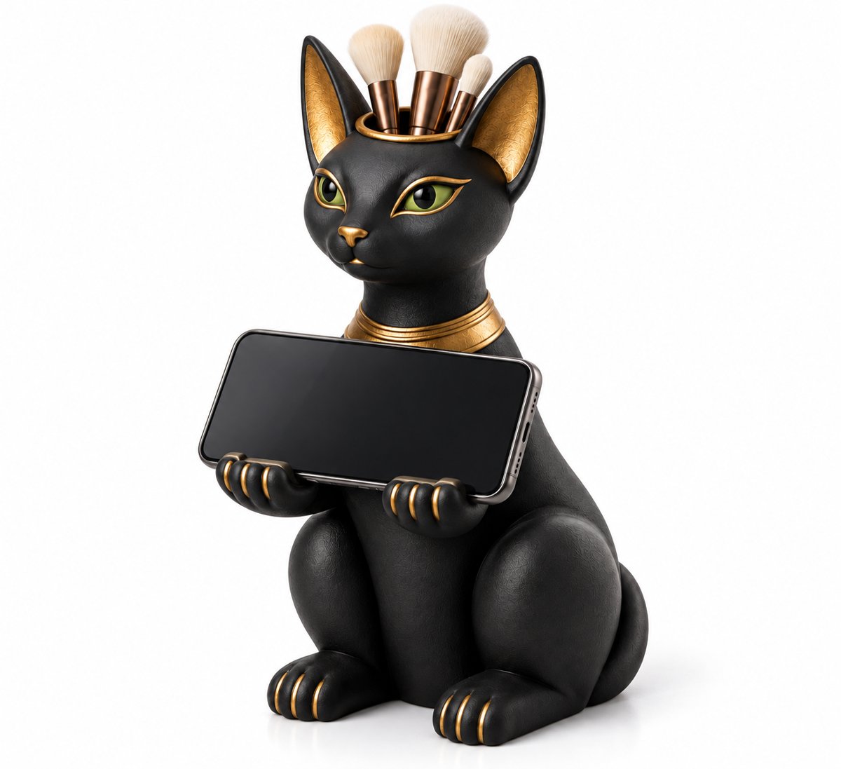 Elegant Egyptian Cat Pen Rest, Phone Stand & Brush Holder Collection