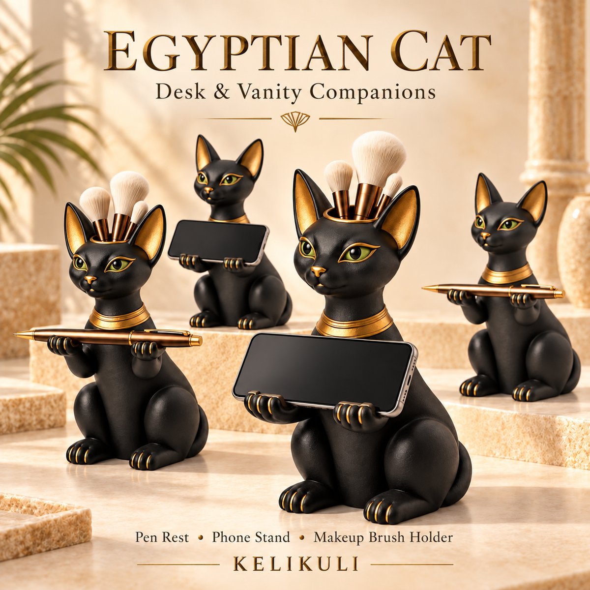 Elegant Egyptian Cat Pen Rest, Phone Stand & Brush Holder Collection — image 5