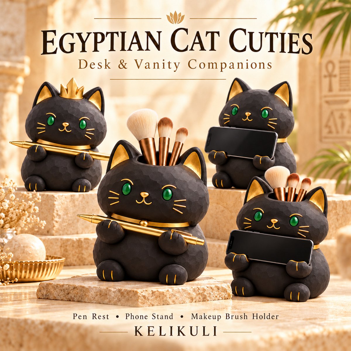 Cute Egyptian Cat Pen Rest, Phone Stand & Brush Holder Collection — image 5