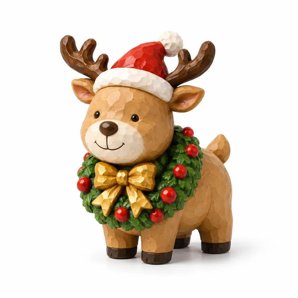 Faceted polyresin Christmas reindeer holding a wreath