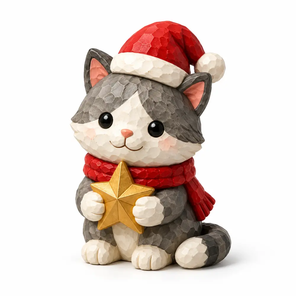 Faceted gray cat Christmas figurine holding a gold star