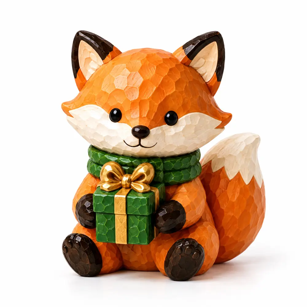 Faceted polyresin Christmas fox holding a wrapped gift