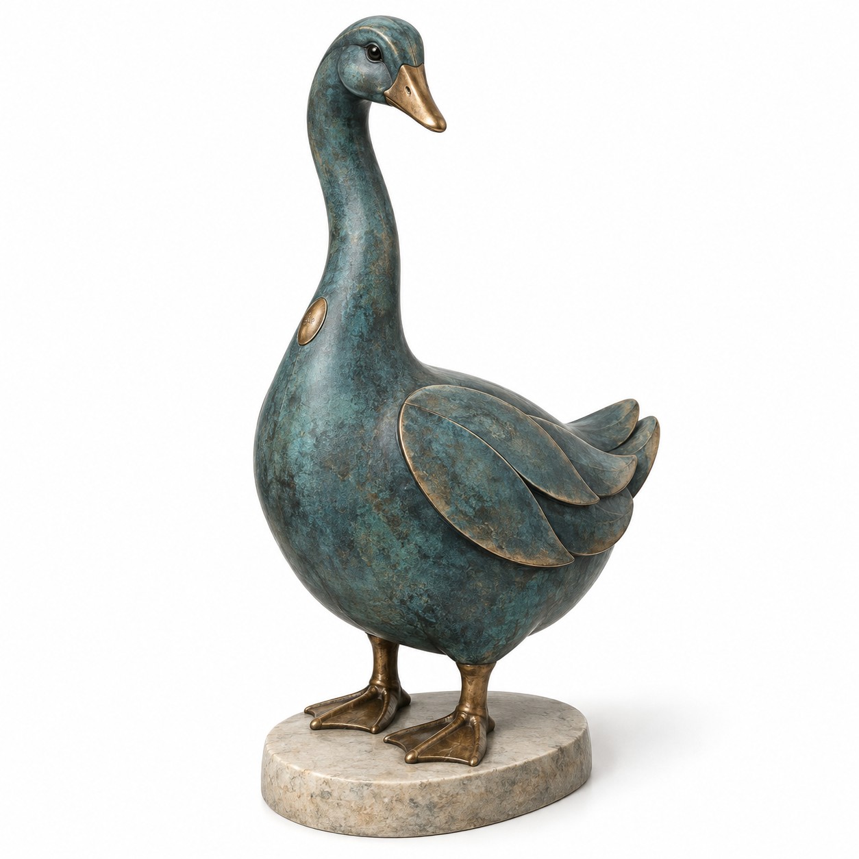 Blue-green patina-effect resin goose with bronze highlights on a stone-effect oval base