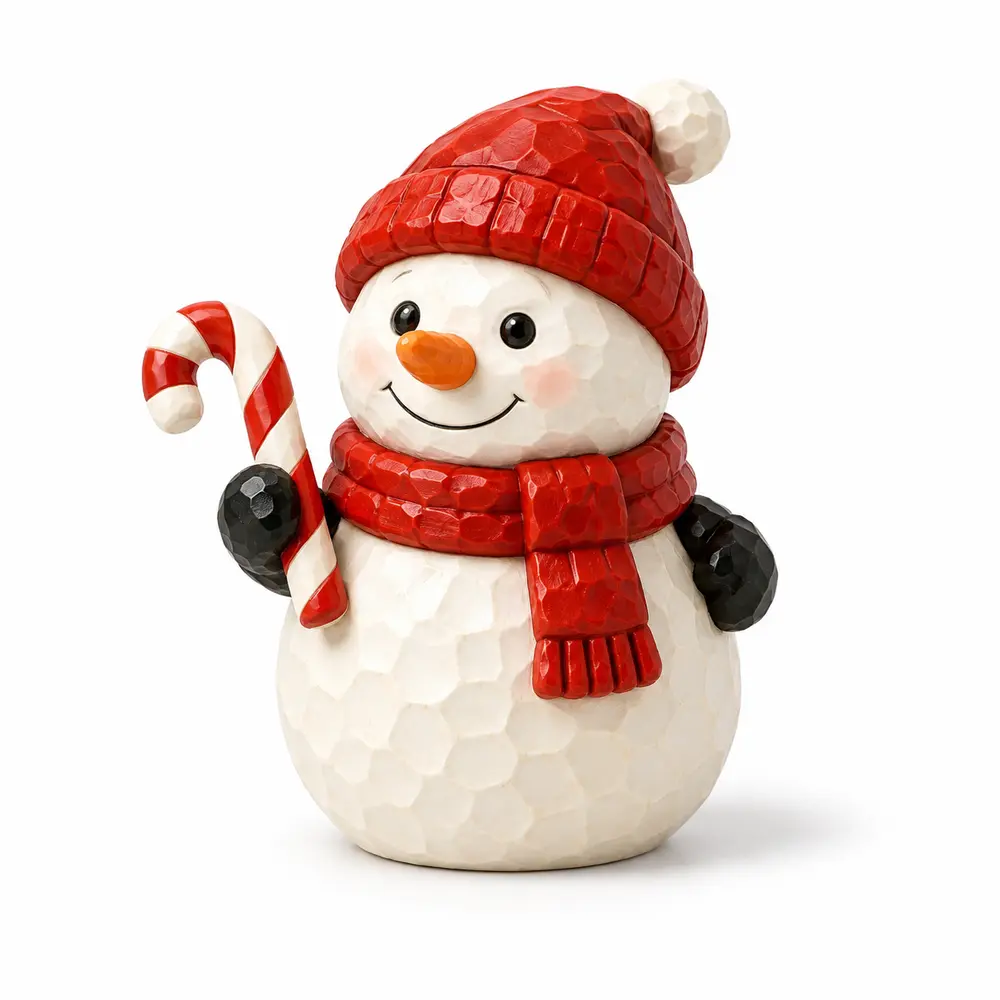 Snowman with Candy Cane, faceted polyresin Christmas product image