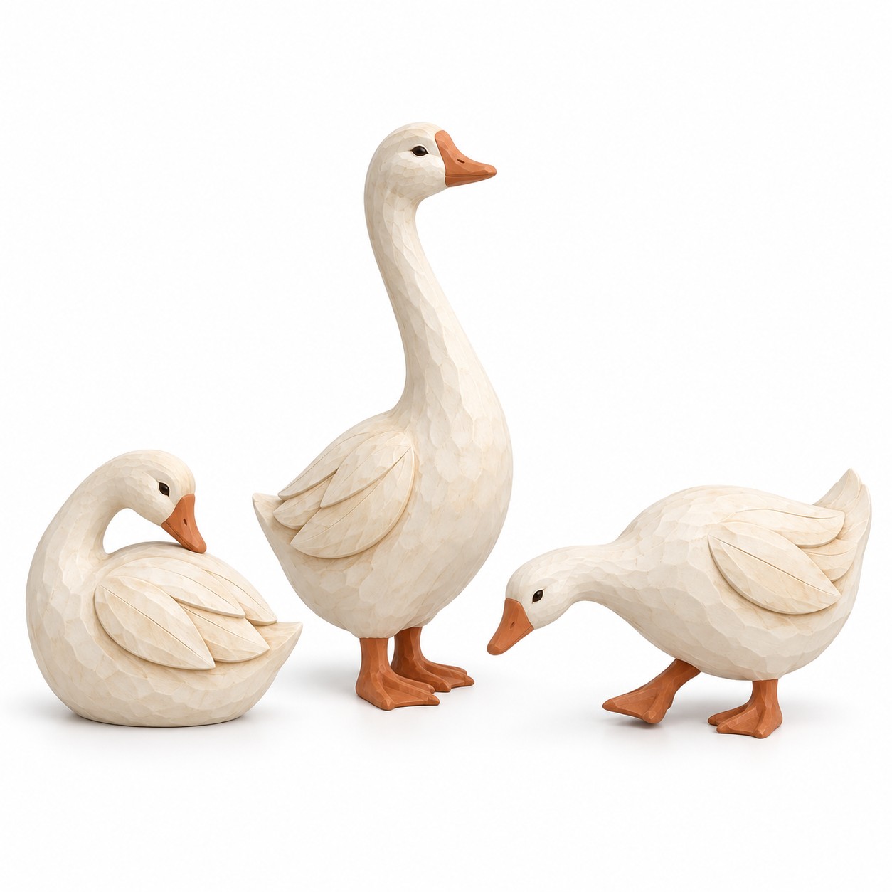 Ivory Carved-Look Goose Figurines — Set of 3 / 暖象牙仿木纹三鹅套装