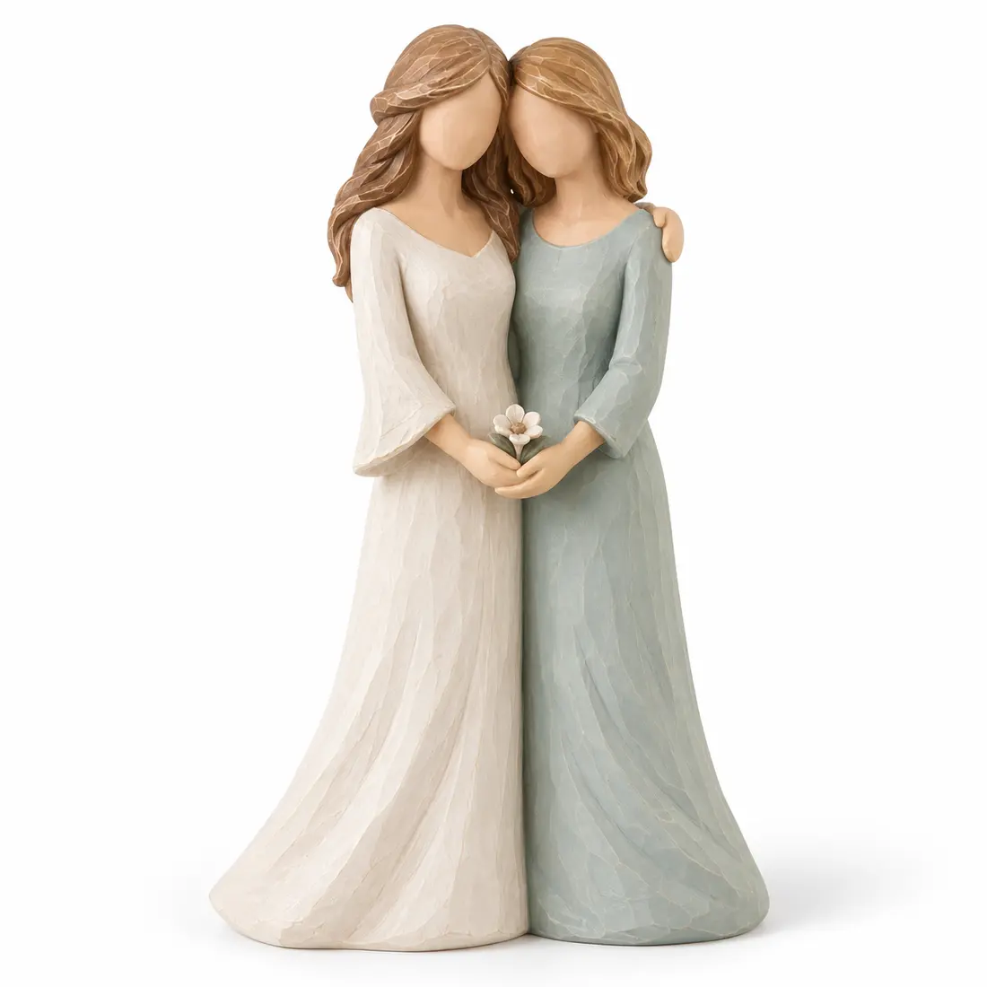 Sisters Side by Side Figurine / 姐妹相伴哑光木纹树脂摆件