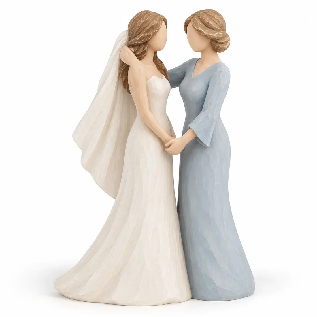 Bride and mother holding hands in a matte carved-look resin wedding figurine