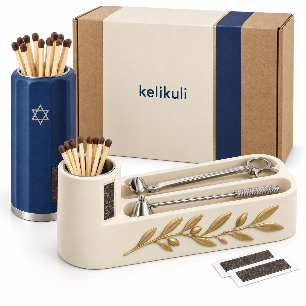Blue and Ivory Judaica Candle Care Gift Set / 蓝银长罐与橄榄枝烛具礼盒