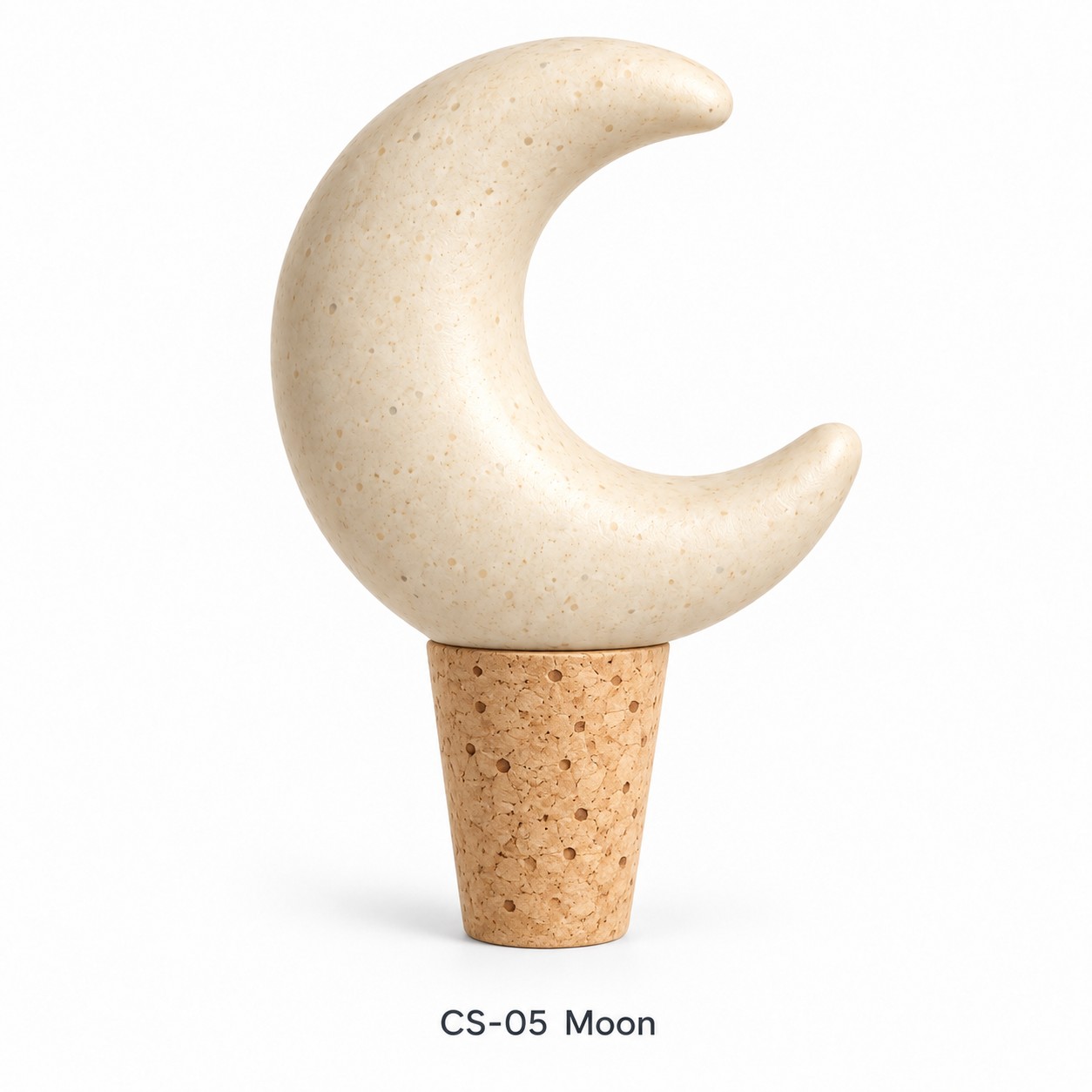 Moon resin figurine with tapered natural cork plug — KELIKULI CS-05 concept on white background