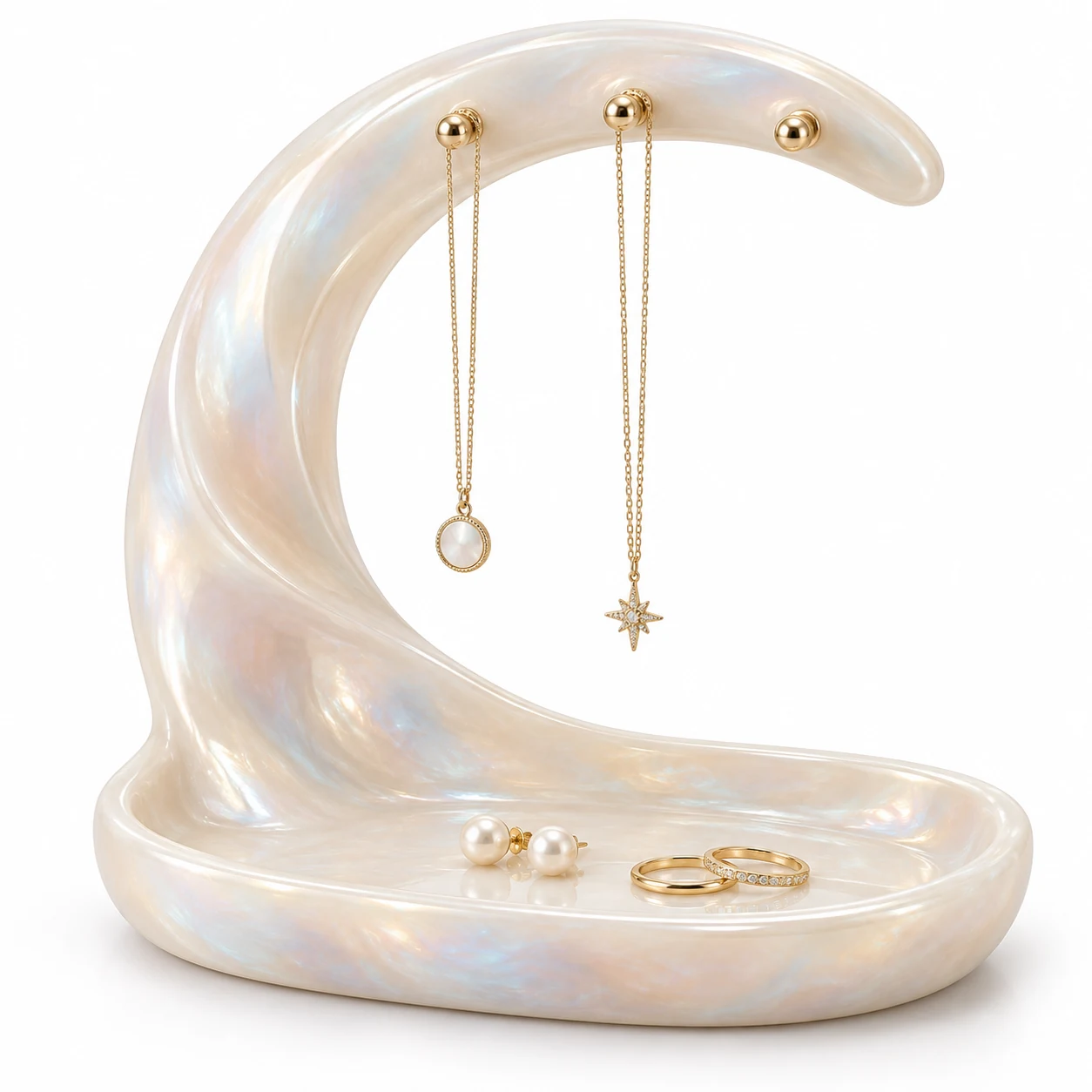 KELIKULI Opal Arc sculptural resin jewelry organizer with three gold-tone pegs and integrated vanity tray, styled with necklaces, pearl earrings and rings on a white background.