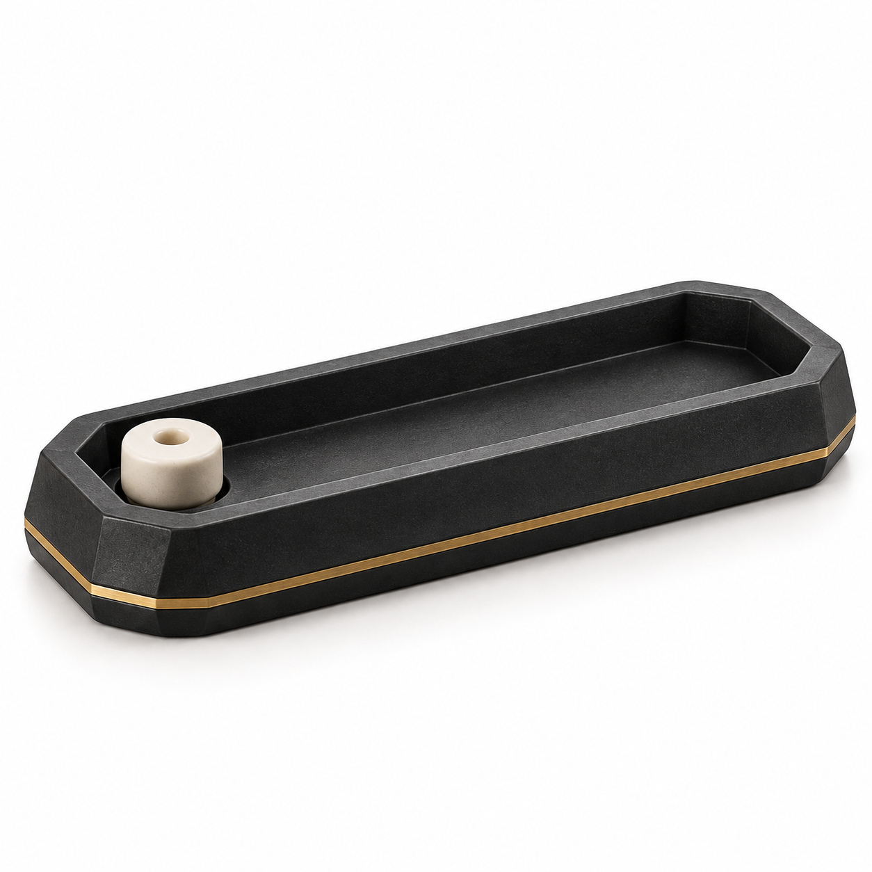 KELIKULI Black Gold Sculptural Incense Holder with Tray on a white background