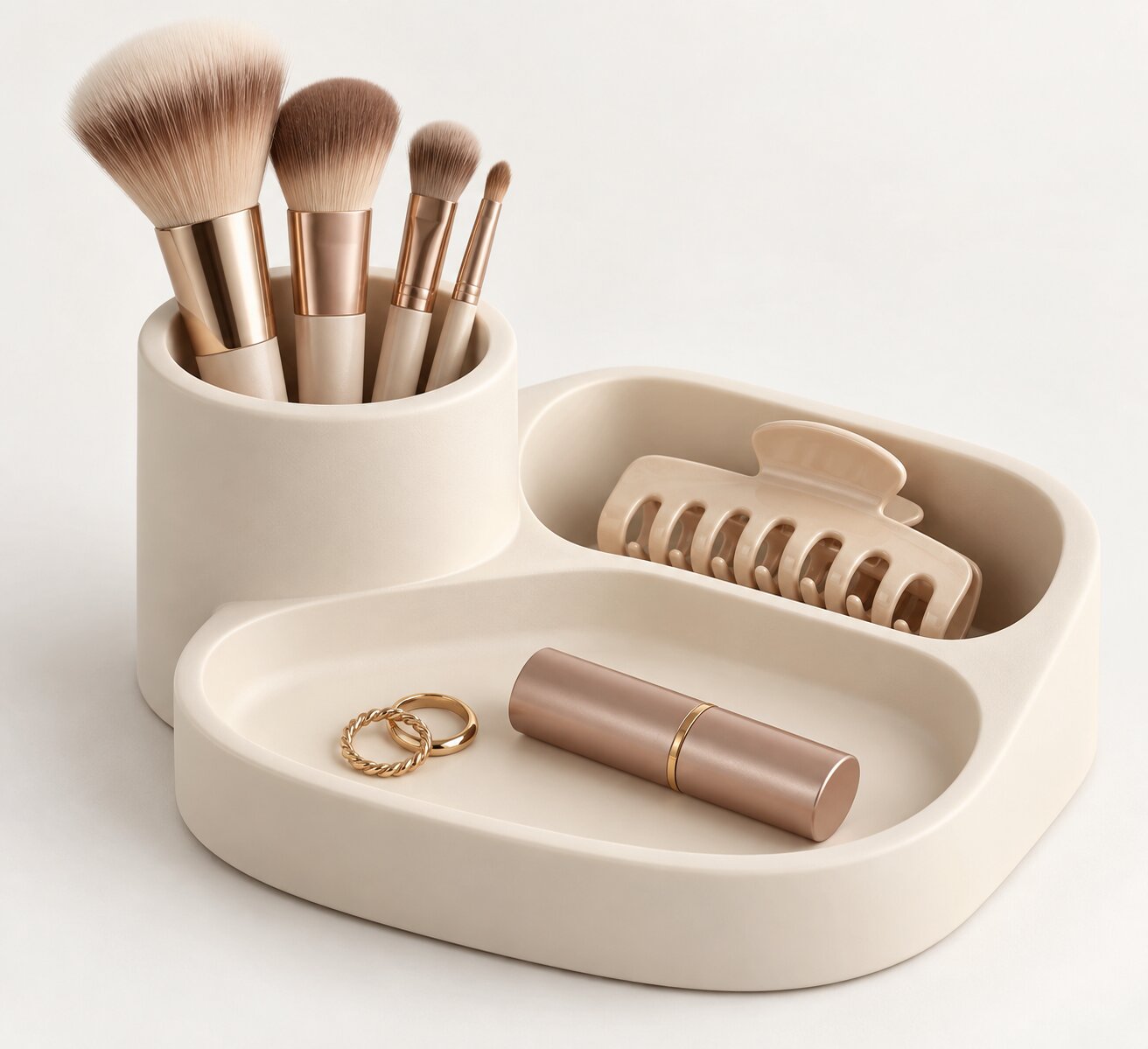 Brush Cup, Claw Clip Slot & Vanity Tray Organizer