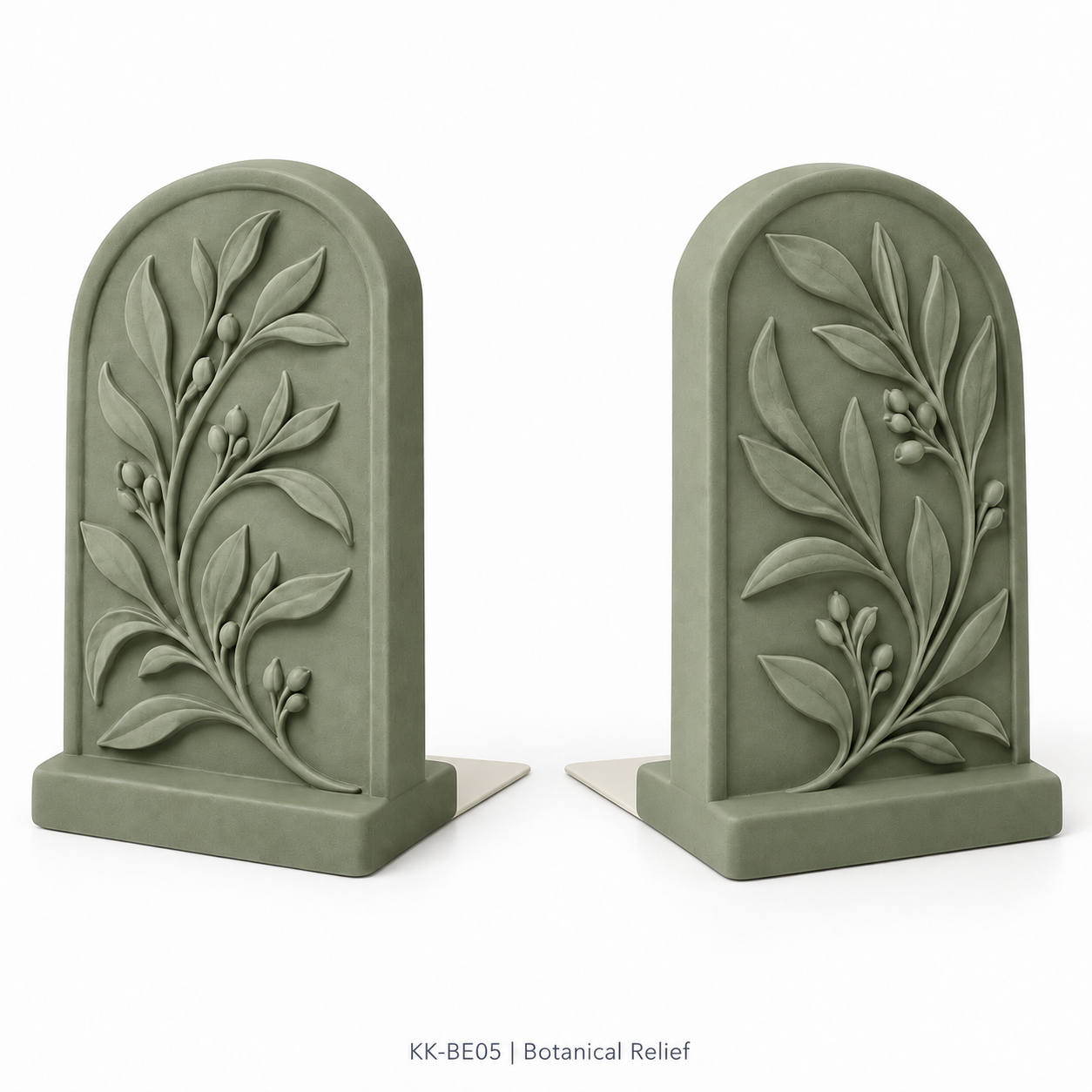 Sage green Botanical Relief resin bookends, pair