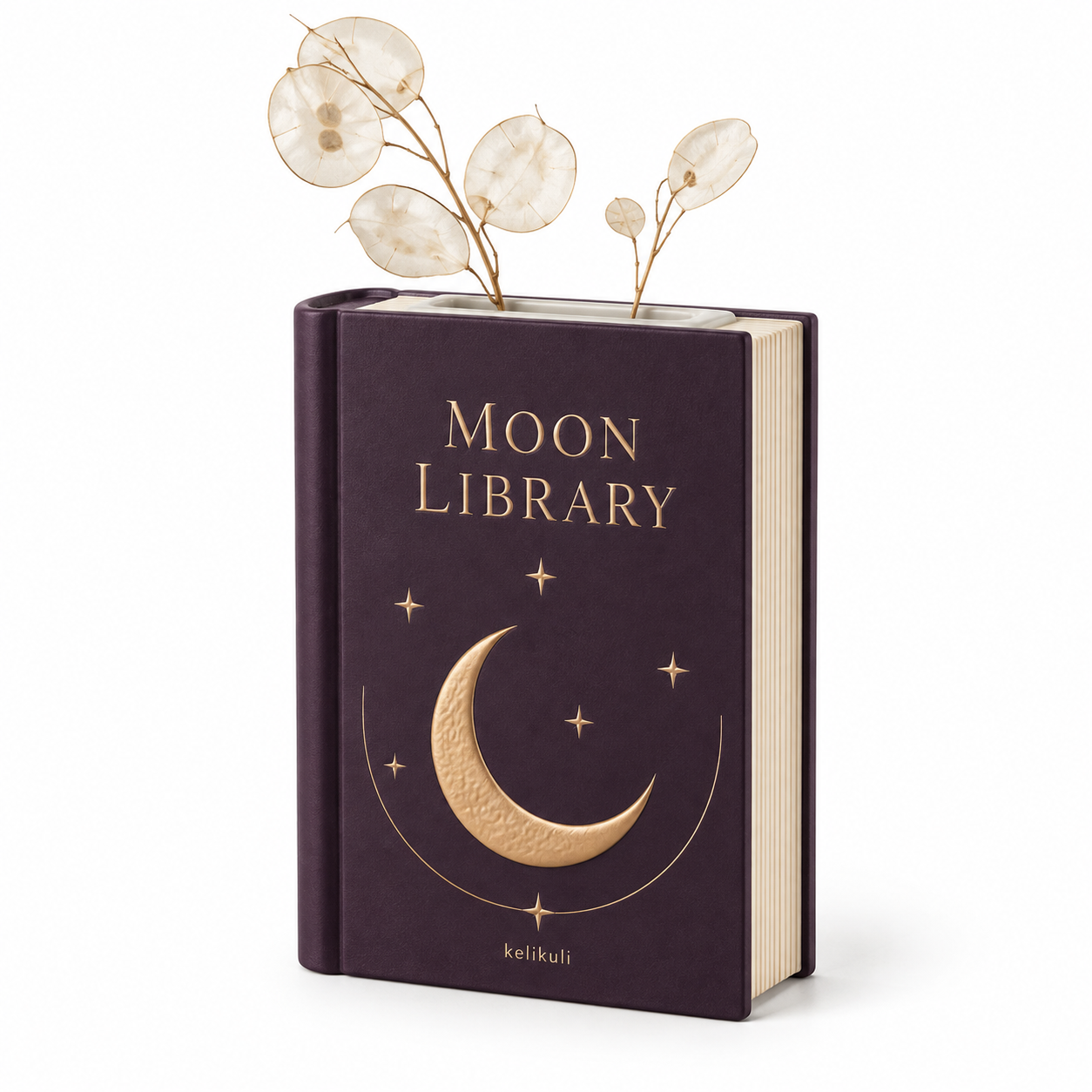 Moon Library matte resin book vase, white-background concept rendering