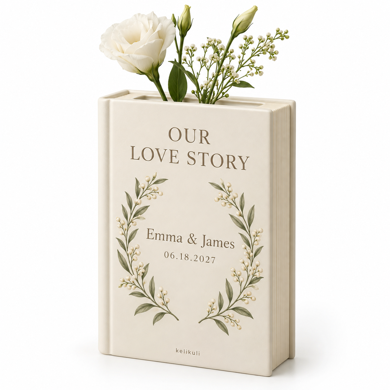 Our Love Story matte resin book vase, white-background concept rendering