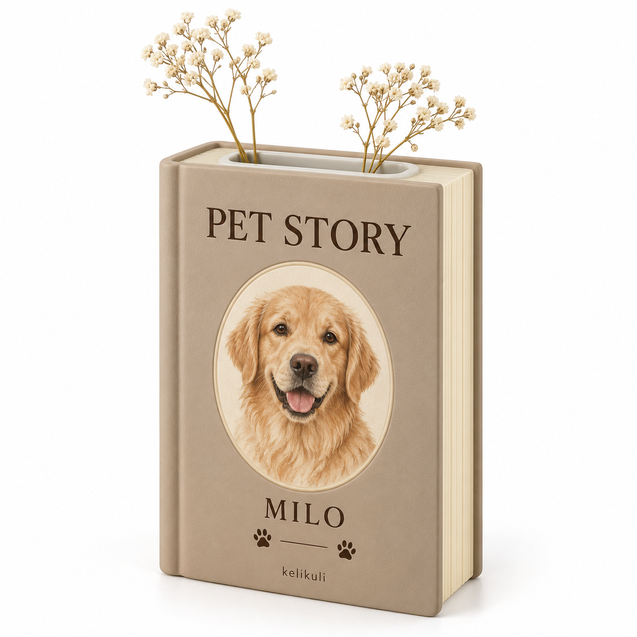 Pet Story matte resin book vase, white-background concept rendering