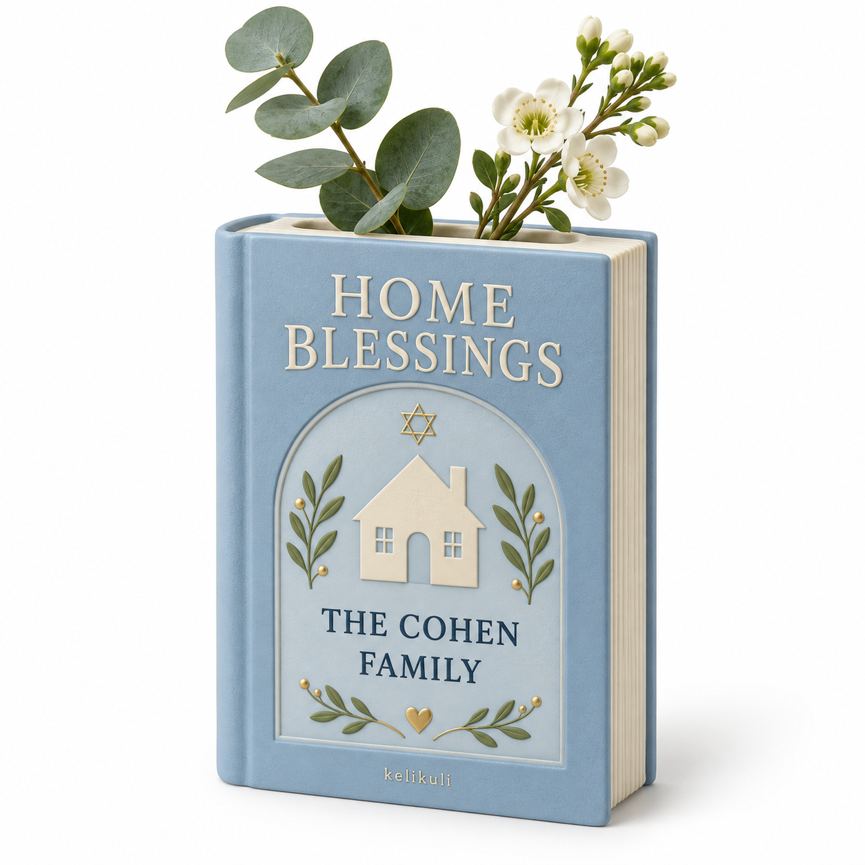 Personalized Home Blessings Book Vase - matte resin, white-background concept rendering